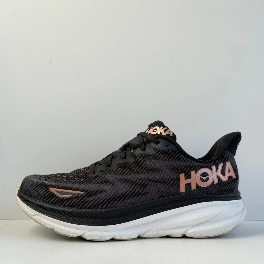 Hoka Clifton 9 Women 8 Black Rose Gold Road Running Shoes Cushion Comfort Gym